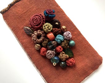 Burnt orange linen Moroccan passementerie pendant necklace , adjustable