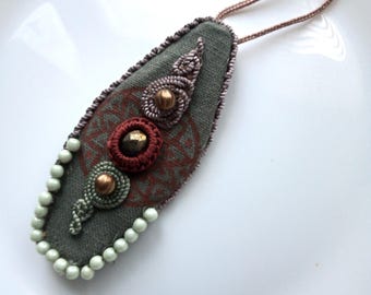 Sage green linen Moroccan pendant necklace , adjustable