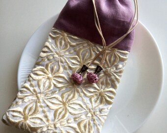 Moroccan Embroidered Drawstring Pouch: Beige art silk and pink linen