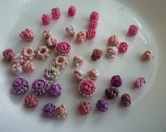 Pinks and purples Moroccan art silk  beads/buttons , flowers rosebud, knot, decorative, flat round , circular set of 42