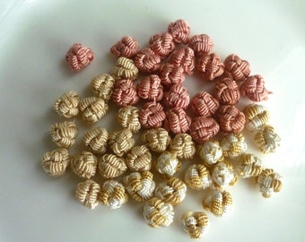 Knot buttons, Moroccan handmade art silk buttons/beads, peach and golden beige,  set of 50