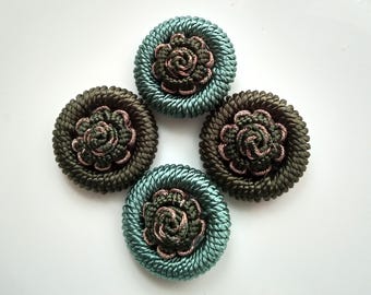 Jade, dark green and bronze metallic Moroccan art silk handmade embellishment buttons, flower set of 4