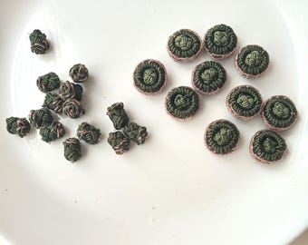 Art silk Moroccan handmade buttons, greens and bronze, flower set of  24