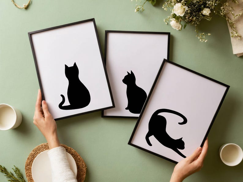 Black and White Cat Wall Art Set of 3 Printable, Minimalist Cat Line ...