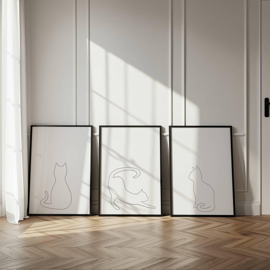 Black and White Cat Wall Art Set of 3 Printable, Minimalist Cat Line ...
