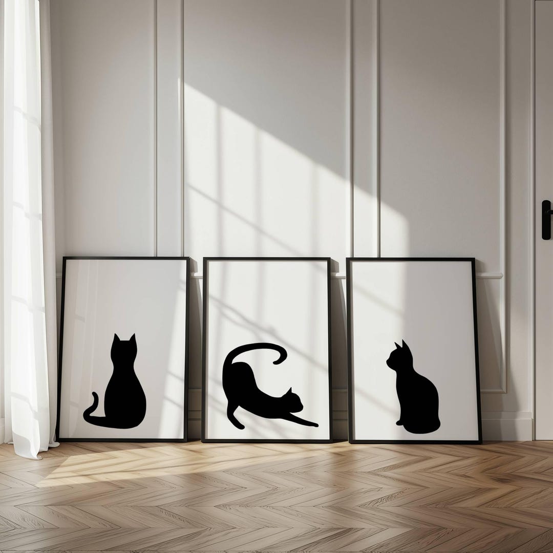 Black and White Cat Wall Art Set of 3 Printable, Minimalist Cat Line ...