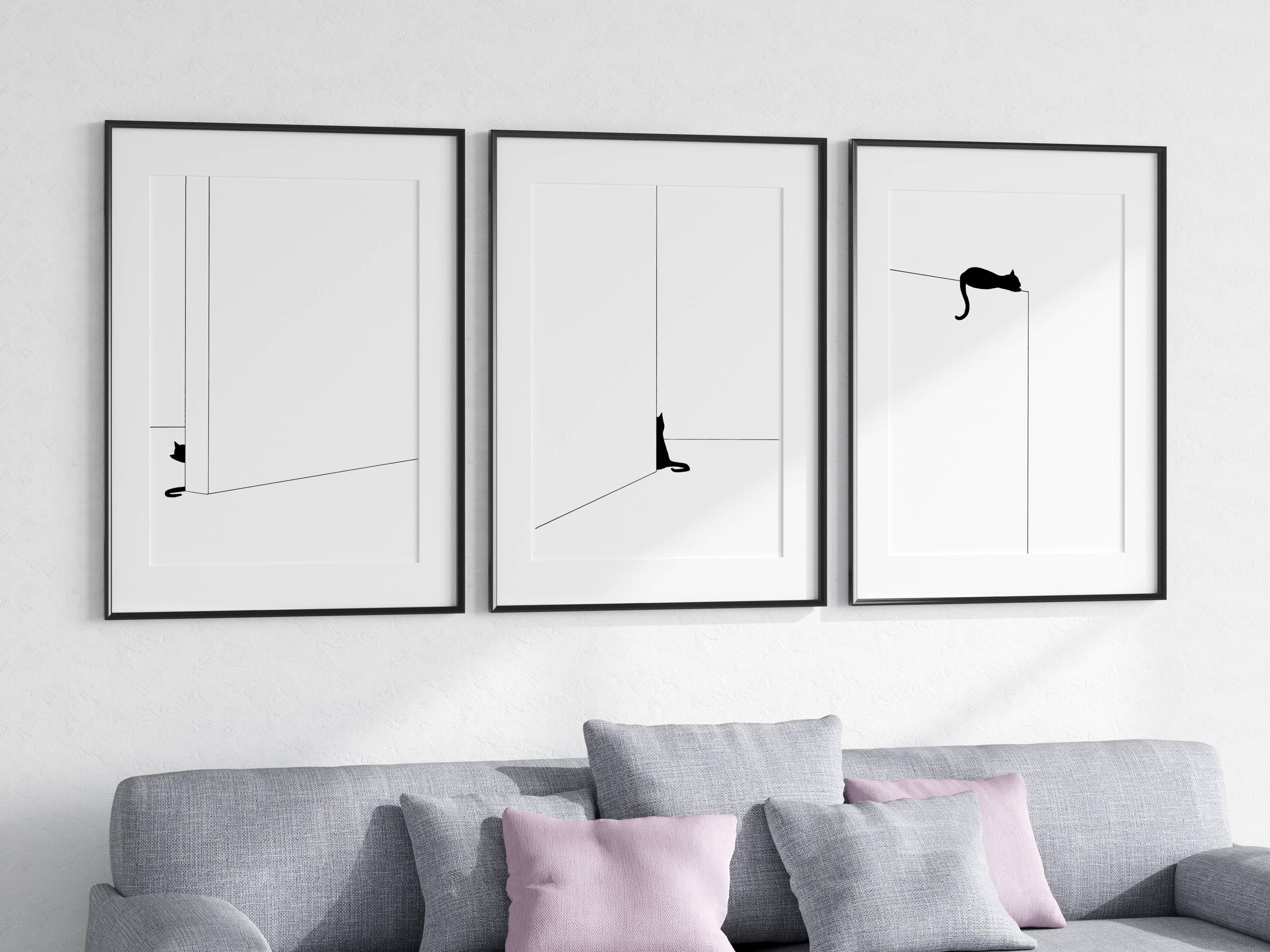 Black Cat Wall Art Set of 3 Prints, Minimalist Cat Printable, Modern ...