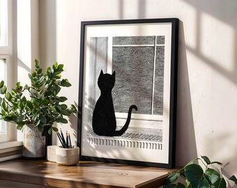 雪の降る窓辺の冬の猫、ノスタルジックなアートプリント（デジタル