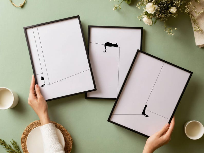 Black Cat Wall Art Set of 3 Prints, Minimalist Cat Printable, Modern ...