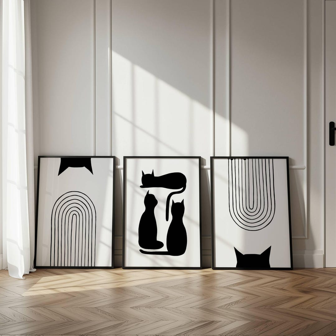 Minimalist Cat Wall Art Set of 3 Prints, Black and White Cat Print ...