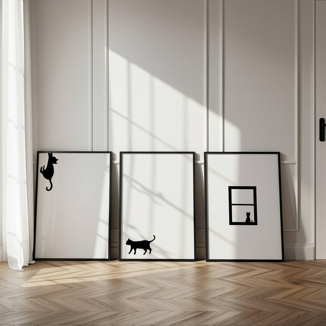Black Cat Wall Art Set of 3 Printable, Minimalist Cat Silhouette Prints ...