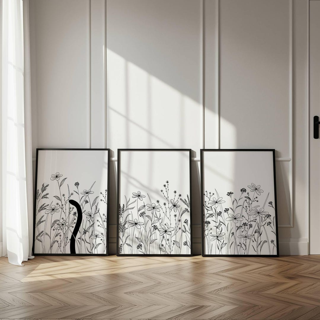 Minimalist Black and White Botanical Wall Art Set of 3, Floral Line Art ...