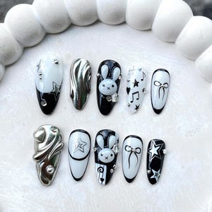 Kawaii black white miffy press on nails 3D bunny nails chrome star nails music note ribbon cute goth nails set handmade fake nails