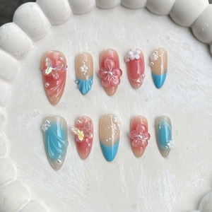 Spring Blossom Press On Nails  Stunning Floral Acrylic  Elegant Floral Nail Charm  Enchanted Garden Nail  Butterfly Whimsy Nails