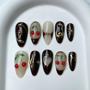 Luxury Red Cherry Press On Nails  Vibrant Luxurious Hand-Painted Star, Bow Acrylic Nail Art  Holiday, Christmas Kawaii Nails