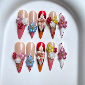 Luxurious 3D Flower Press On Nails  Bespoke Pink Flower Nail Art  Artisan Crafted Acrylic Nails  Jewels and Beads Nail Polish