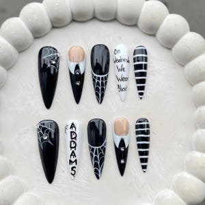 Wednesday Addams Press On Nails | Gothic Black White Nail Art Set | Spooky Cute Halloween Fake Nails | Long Coffin Stiletto Press Ons