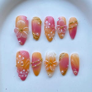Luxury Floral Hand Painted Press On Nails  Tropical Flower Fake nails Floral Fantasy Nail Art  Boho Chic Style Acrylic Nails