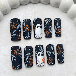 Halloween Ghost Nails | Matte Black Press On Nails | Spooky Floral Fall Nails | Cute Ghost Nail Art for Costume or Party