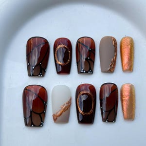 Elegant Brown Gradient Press On Nails  Autumn-Inspired Brown and Gold Nails  Sophisticated Butterfly Nail Art  Chic Brown Acrylic Nails