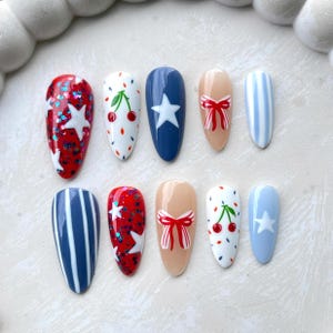 4th of July Nails Patriotic Press On Nails Red White Blue Stars Stripes Cherry Bow Glitter Cute Summer Nail Art Set