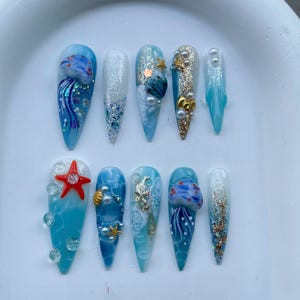 Blue Ocean Press On Nails | Cute Jellyfish Nail Art | Marine Sea Life Nails | Glitter Shells & Starfish | Reusable Almond Set