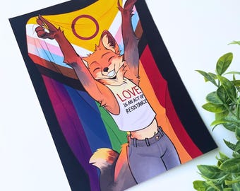 LGBTQ furry fox pride print - vibrant digital painting artwork - Love is an act of resistance