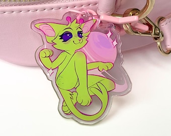 Alien Kitty Furry Keychain – Martian Cat Charm, Original Art