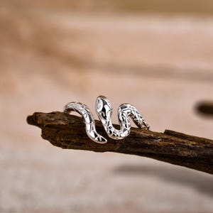 Puede incluir: Un anillo de serpiente plateado con detalles en negro. El anillo está enrollado en forma de serpiente, con la cabeza de la serpiente levantada. El anillo descansa sobre un trozo de madera marrón oscuro, con un fondo borroso.