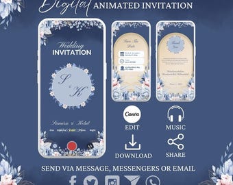 Invitación digital elegante para boda, videoinvitación animada original para boda, plantilla digital editable en CANVA, videoinvitaciones para boda.