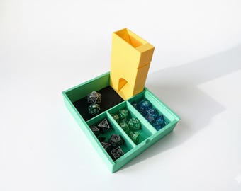 Dobbelstenendoos met toren voor TTRPG, D&D, Pathfinder – met vilt beklede opberger, aangepaste inlay