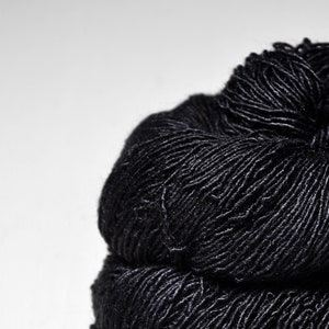 May include: A close-up shot of two balls of black yarn. The yarn appears to be a soft, textured material, likely wool or a similar fiber. The image is set against a plain white background, highlighting the yarn's dark color and texture.