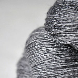 May include: Close-up of a skein of gray yarn with white flecks. The yarn is tightly wound and has a soft, fuzzy texture.