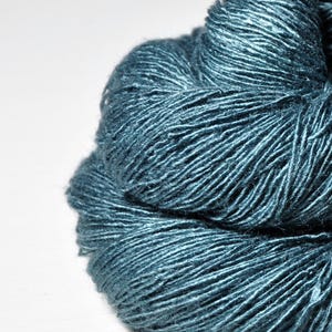 May include: A close-up of a ball of teal-colored yarn. The yarn has a textured, slightly shiny appearance, with individual strands visible. The yarn is tightly wound, creating a dense, rounded shape. Ideal for knitting and crochet projects.
