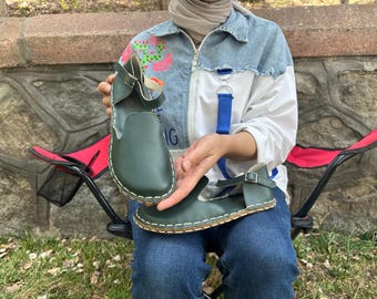Handmade Leather Mary Jane Sandals: Minimalist Green Barefoot Shoes
