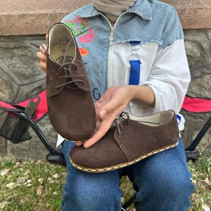 Handmade Natural Earting Suede Brown Leather Oxford Barefoot Shoes for Women – Grounding Ergonomic Natural Shoes, Minimalist Eco-Friendly