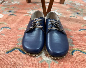 Handmade Blue Leather Barefoot Shoes – Zero Drop, Wide Toe Box