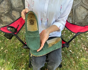 Grounding Natural Leather Handmade Suede Green Women Shoes, Barefoot Loafer Shoes