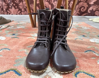 Barefoot Handmade Leather Brown Boots: Wide Toe, Earting Ankle Boots For Men