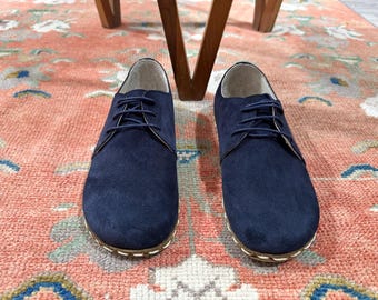 Men’s Handmade Leather Suede Nawy Blue Shoes –Grounding Zero Drop Oxford Barefoot Shoes