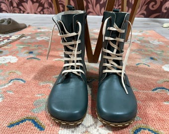 Handmade Leather Barefoot Grounding Boots: Green Minimalist Ankle Boots For Men