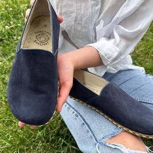 Comfortable Leather Nawy Blue Women Shoes, Natural Walking Shoes Barefoot, Grounding Heel-less Shoes Women, Handmade Shoes, Suede Nawy Blue