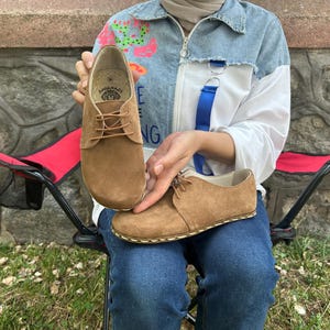 Earting Handmade Natural Suede Tan Leather Oxford Barefoot Shoes for Women – Grounding Ergonomic Natural Shoes, Minimalist Eco-Friendly
