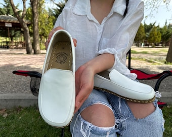 Scarpe a piedi nudi fatte a mano in pelle bianca - Punta larga ergonomica