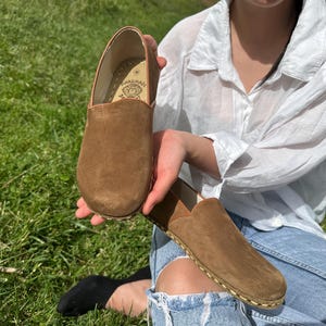 Comfortable Suede Leather Tan Women Shoes, Ergonomic Natural Barefoot Shoes, Grounding Heel-less Shoes Women, Handmade Shoes, Suede Tan