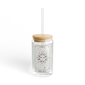 The Sun Card Design 16oz glazen beker, vrolijke en verhelderende groene sterren, groot Arcana symboliek glas, cadeau voor tarotliefhebbers,