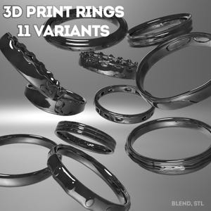 Pode incluir: Onze designs diferentes de anéis impressos em 3D em um acabamento prateado. Os anéis flutuam no ar sobre um fundo cinza. BLEND, STL.