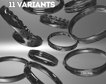 May include: Eleven different 3D printed ring designs in a silver finish.  The rings are floating in mid-air against a gray background.  BLEND, STL.