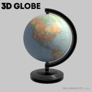 May include: A black and blue 3D globe with a detailed map of the world. The globe is on a black stand with a curved arm.