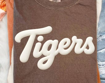 Comfort Colors® Tigers Shirt, Custom Puff Team Name Sweatshirt, Puff Logo Crewneck Personalized School Spirit Shirt, Custom Game Day Shirt